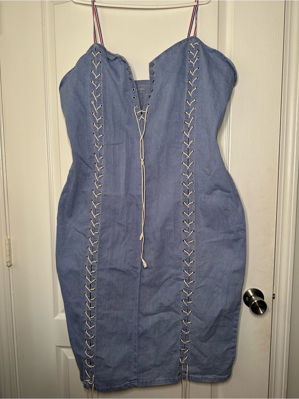 Denim Lace-Up Bodycon Dress - Blue